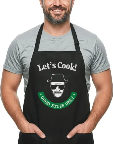 Vista 7 de Divertidos delantales de cocina – Delantal ajustable para barbacoa de chef – 2 bolsillos y correas extralargas