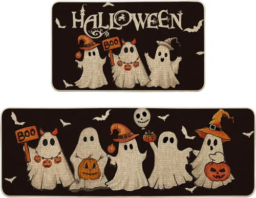 Vista 7 de Artoid Mode Juego de 3 tapetes de cocina de Halloween con diseño de murciélago y calabaza, fantasma, color negro, decoración del hogar, alfombras