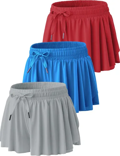 Vista 7 de Paquete de 3 pantalones cortos fluidos para niñas con forro de elastano, 2 en 1, faldas de mariposa para jóvenes, para fitness, correr, deportes