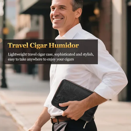 Vista 7 de Humidor de puros, humidor de puros de viaje de cuero, estuche portátil para puros con potenciador de tiro de puros y cortador de puros multifunción
