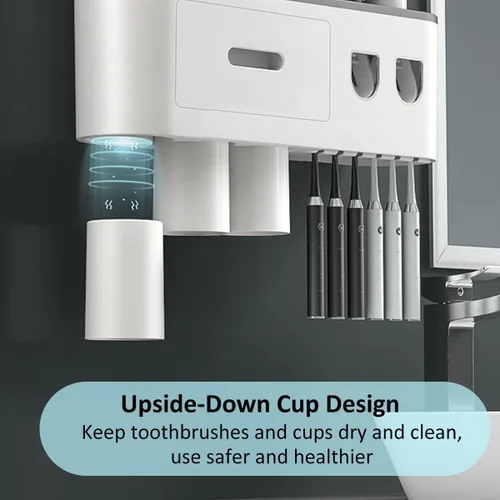 Vista 3 de Soporte para cepillos de dientes montado en la pared con 2 dispensadores automáticos de pasta de dientes, soportes para cepillos de dientes