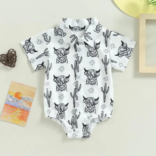 Vista 2 de Ropa occidental para bebé niño, camisa con estampado de vaca, mameluco de manga corta con botones, traje de verano de vaquero