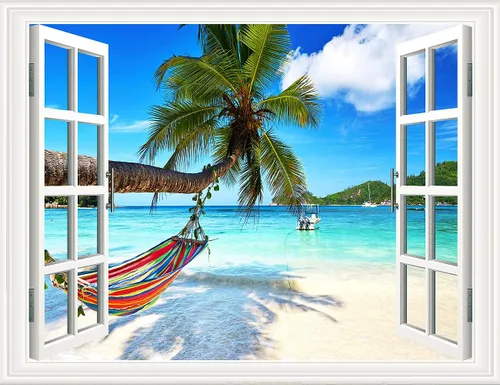 Vista 14 de Pintura autoadhesiva 3D, calcomanías de pared falsas para ventana, isla tropical con palmeras, mural de pared, vista de ventana, decoración de pared