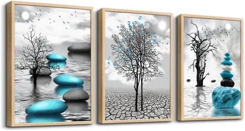 Vista 13 de Arte en lienzo enmarcado en negro para decoración de sala de estar y dormitorio - Pintura de pared de playa en blanco y negro - Imágenes de olas