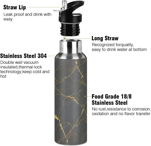 Vista 3 de Stainless Steel Water Bottle 20 Oz, BPA-Free Sport Water Bottle for Gym Outdoor Travel School, Gray Marble Gold Yellow
