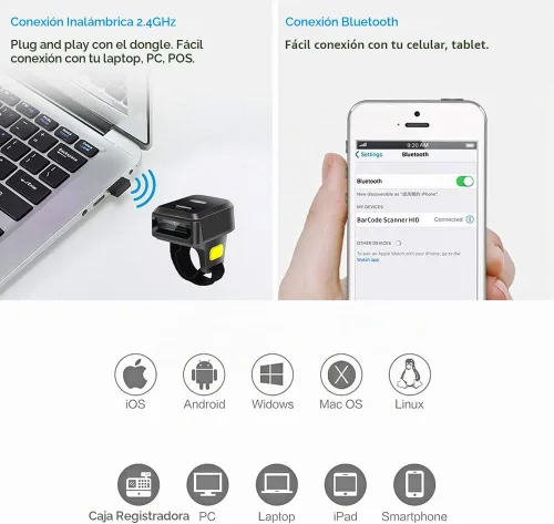 Vista 3 de Escáner de código de barras de anillo Bluetooth 2D, mini lector de código de barras inalámbrico portátil symcode