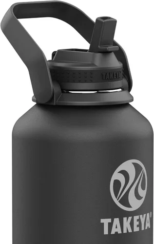 Vista 3 de Takeya Pickleball - Botella de agua aislada de acero inoxidable con tapa de popote y asa de transporte, 64 onzas, Ace Black Ace Negro