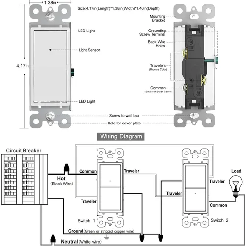 Vista 8 de SOZULAMP Interruptor de luz de 3 vías con luz nocturna, fácil de instalar, no requiere neutral, interruptor iluminado de tres vías con sensor
