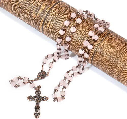 Vista 6 de Nazareth Store Rosario de diseño vintage con cuentas de piedra natural, collar de 0.315 in, medalla de suelo santo y cruz crucifijo rosarios