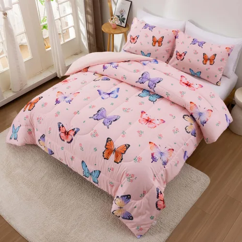 Vista 3 de Btargot Juego de edredón de 3 piezas con diseño de mariposas para niños, juego de cama con estampado de flores coloridas para mujeres y niñas