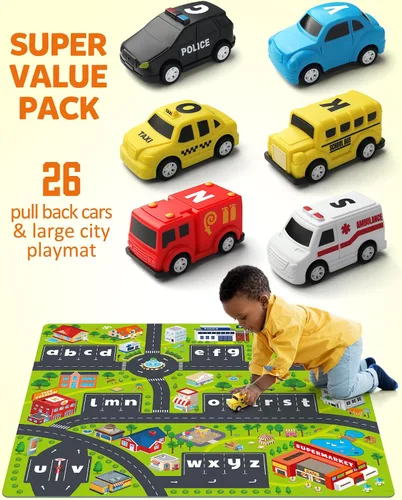 Vista 2 de Coogam Laberinto del Alfabeto, 26 piezas de coche tirador con alfombrilla de juego, juego preescolar de emparejamiento de letras para niños de 3, 4