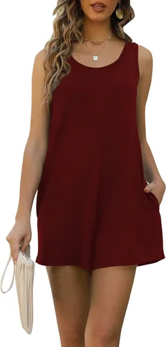 Vista 3 de Qnasey Mameluco corto casual de verano para mujer, con cuello redondo, sin mangas, con bolsillos