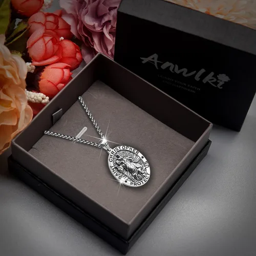 Vista 2 de Collar de San Cristóbal, medalla de San Cristóbal, bendición de seguridad, colgante religioso, regalo para hombres, mujeres, familia, padres
