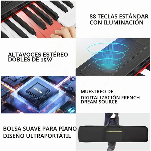 Vista 4 de Piano digital de 88 teclas con teclado semiponderado, teclado de piano de 88 teclas para principiantes con teclas iluminadas, piano eléctrico Negro