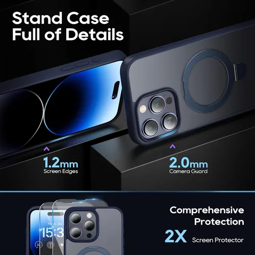 Vista 3 de Funda magnética para iPhone 15 Pro Max con soporte, soporte de anillo invisible con protector de pantalla compatible con MagSafe Slim esmerilado Azul