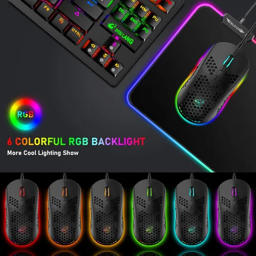 Vista 8 de Combo de teclado y mouse mecánicos con cable al 60%, mini 62 teclas ultracompactas, efectos retroiluminados de arco iris tipo C Chroma 20