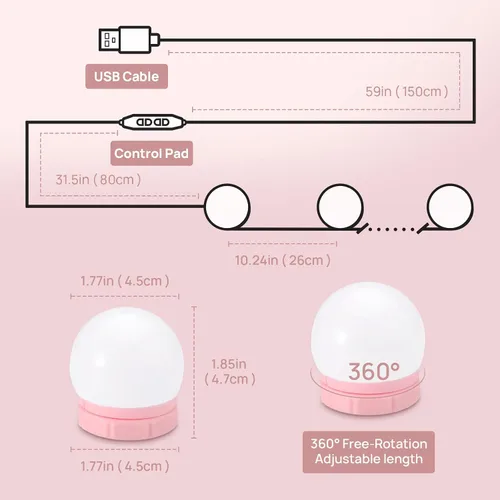 Vista 2 de Consciot Luces LED para espejo de tocador, luz de tocador estilo Hollywood con 10 focos regulables, color y brillo ajustables, cable USB, luces
