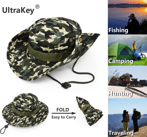 Vista 2 de Sombrero de protección solar de ala ancha para exteriores, clásico estilo militar de combate de EE. UU., gorra de sol para pesca, caza, campamento