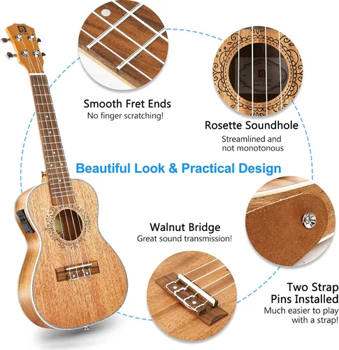 Vista 10 de Ukelele tenor, ukelele acústico eléctrico de 26 pulgadas, ukelele de caoba profesional, set con kit de inicio con ecualizador