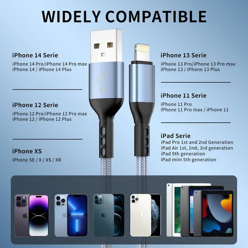 Vista 7 de Paquete de 3 cargadores para iPhone de 10 pies con certificación MFi de Apple, cable Lightning trenzado de nylon de carga rápida, cable de carga USB