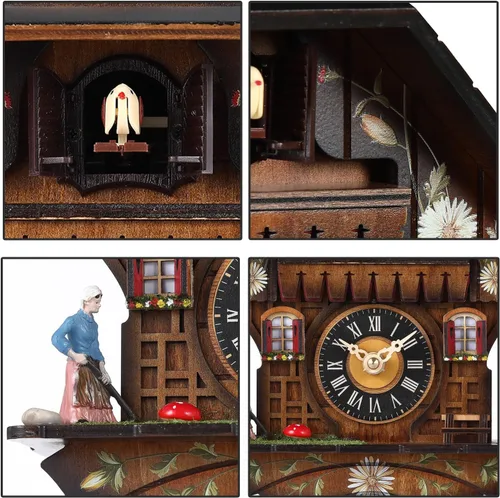 Vista 3 de Kintrot Reloj de cuco tradicional del bosque negro, reloj de pared de cuarzo de madera artesanal con 12 melodías
