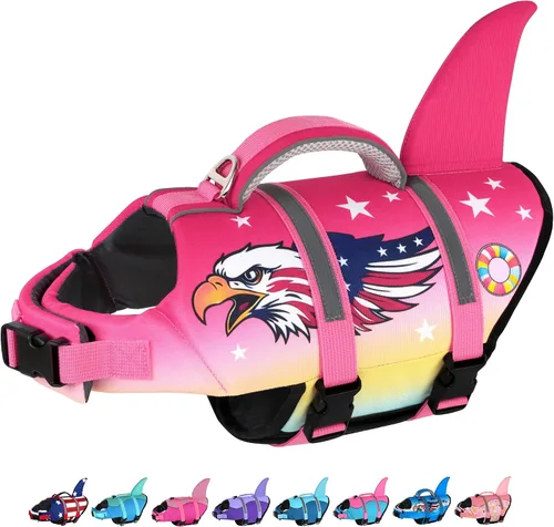 Vista 11 de Dogcheer - Chaleco salvavidas para perros, lindo diseño de tiburón para natación y navegación con flotabilidad superior y asa de rescate, chaleco