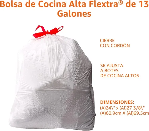 Vista 3 de Amazon Basics Flextra - Bolsas de basura altas con cordón para cocina, 13 galones, sin perfume, 50