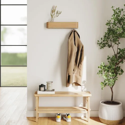 Vista 6 de Kazai. Perchero de pared 'Toke' - Perchero de diseño moderno con ganchos de pared ocultos - Perchero de panel de chapa de madera maciza - Roble