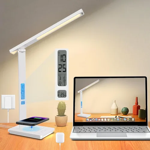 Vista 14 de Lámpara de escritorio LED para oficina en casa, puerto de carga USB, luz de escritorio de lectura con 5 temperaturas de color, atenuación continua
