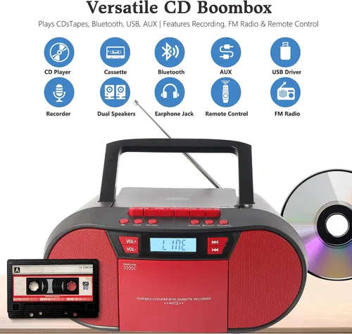 Vista 2 de Boombox Reproductor de CD Portátil, Combo Reproductor de Casete con CD MP3 Bluetooth AUX TF USB Radio FM Alimentado por AC/DC, Caja de Boom