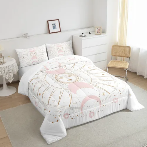 Vista 2 de Juego de edredón bohemio dorado tamaño Queen para niños y niños, decoración de habitación de luna rosa, misterioso, bohemio, juego de ropa de cama