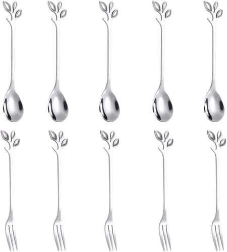 Vista 11 de AnSaw Juego de 10 mini cucharas y tenedores negros de 4.7 pulgadas, acero inoxidable, mango de hoja, ideal para café, té, aperitivos, degustaciones