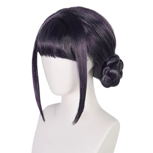 Vista 4 de Peluca negra y morada con 2 moños, pelo corto negro y morado, moños trenzados dobles para mujeres, cantantes, ídolos, personajes, cosplay, pelucas