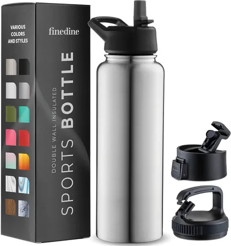 Vista 51 de FineDine Botellas de agua aisladas de triple pared con popote, botella de metal de acero inoxidable de 25 onzas con 3 tapas a prueba de fugas