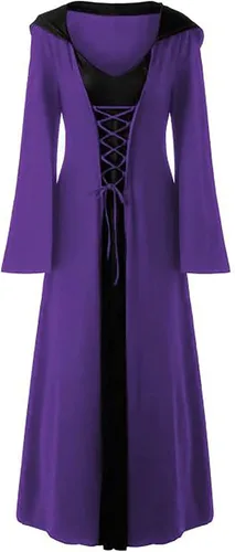 Vista 4 de Vestido renacentista con corsé de manga larga, capa con capucha, corsé con cordones, disfraz de Halloween