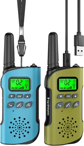 Vista 14 de Inspireyes Walkie Talkies para niños, paquete de 2 recargables de largo alcance, juguetes para niños y niñas de 3 a 12 años, juguete de radio de 2