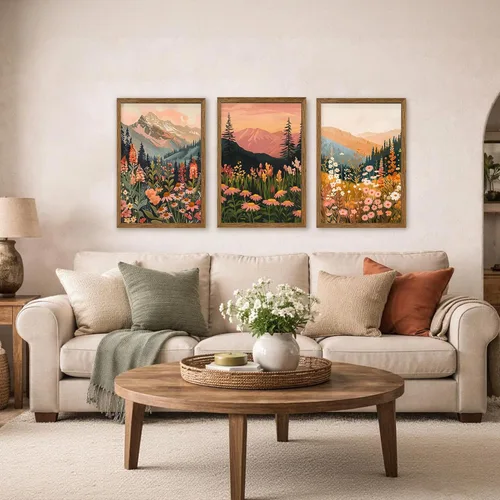 Vista 2 de WRFON Lienzo botánico y de flores, arte enmarcado de pared de paisaje de montaña, juego de 3, impresión en lienzo de prado de flores silvestres