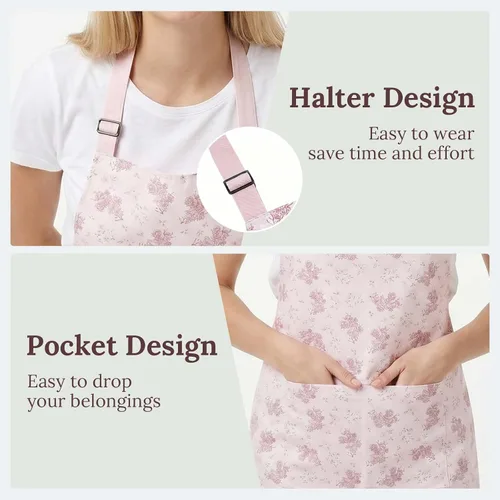 Vista 4 de Kitchen Apron, Double Sided Floral Adjustable Waterproof Apron with 2 Pockets for Baking, Salon, BBQ for Mom Wife