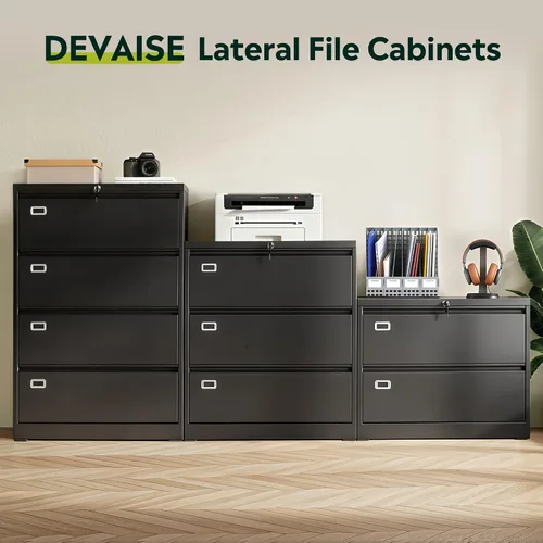 Vista 5 de DEVAISE Archivador de metal de 3 cajones, archivador lateral ancho con cerradura para organización de oficina en casa, archivos colgantes