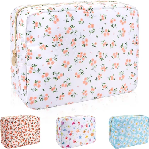 Vista 38 de Iqimott Bolsa Grande de Maquillaje de Nylon, Neceser de Viaje, Bolsa Grande de Cosméticos Preppy, Organizador de Maquillaje de Nylon, Bolsa de Beige