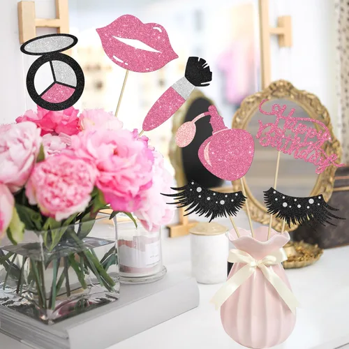 Vista 9 de 12 piezas de centro de mesa de maquillaje con purpurina, para spa, maquillaje, decoraciones de fiesta de cumpleaños para mesa, cosméticos, lápiz