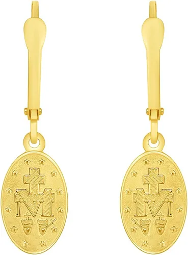 Vista 2 de Pendientes colgantes de oro amarillo macizo de 14 k con cierre de botón milagroso clásico de la Virgen María