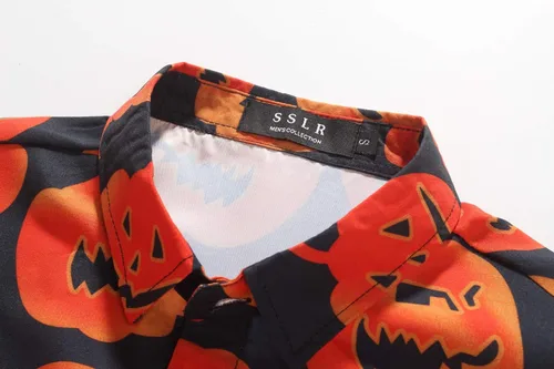 Vista 3 de SSLR - Camisa abotonada, manga corta y diseño de Halloween para hombre