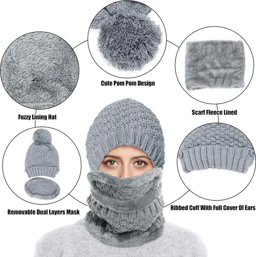 Vista 3 de Gorro de invierno para mujer, conjunto de bufanda y máscara para mujer, grueso y cálido, forro polar, con forro polar, 3 piezas