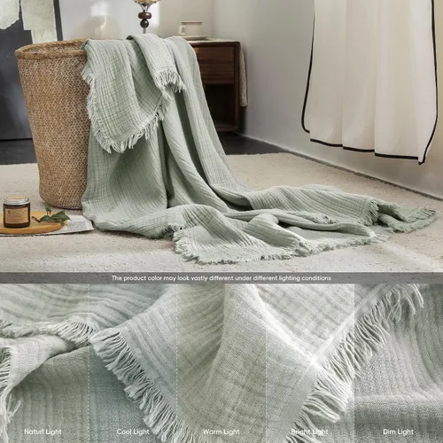 Vista 88 de FOSSA Manta de Muselina con Flecos - Gasa de Algodón 100% de 4 Capas Súper Suave y Transpirable - Manta Decorativa Ligera y Refrescante para Cama