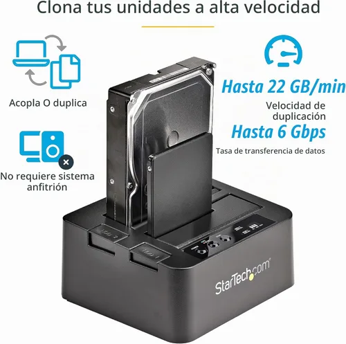 Vista 2 de StarTech Duplicador de disco duro independiente, Dock de disco duro externo de doble bahía USB 3.0 (5 Gbps) / eSATA a HDD/SSD SATA III de 2.5/3.5