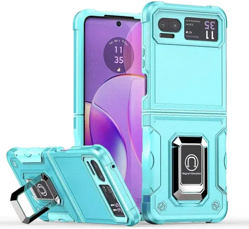 Vista 14 de Funda para Moto Razr 40, para Moto Razr 2023, TPU de grado militar + PC [soporte integrado] Diseño de doble capa resistente contra caídas Funda