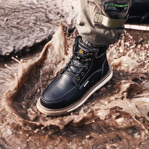 Vista 4 de KELODON Botas impermeables con punta de acero para hombres, botas de trabajo de cuero de 6 pulgadas, botas de construcción indestructibles, botas