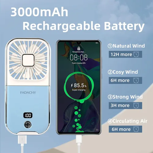 Vista 4 de Ventilador portátil recargable, mini ventilador de mano de 3000 mAh, funciona con pilas, pequeño ventilador de escritorio para oficina, exterior e