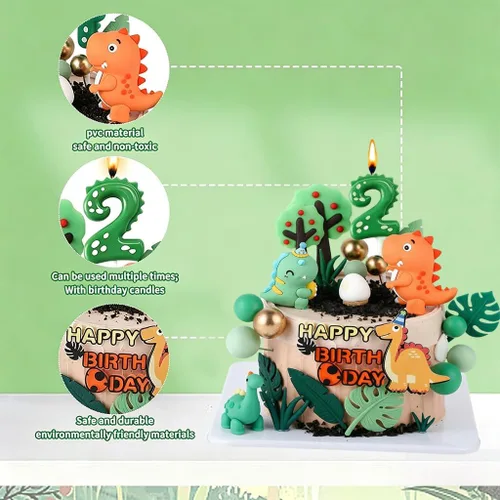 Vista 7 de Decoración para pastel de dinosaurio de 2º cumpleaños con vela de dinosaurio y huevo, 27 piezas no tóxicas Dinosaurio 2º cumpleaños